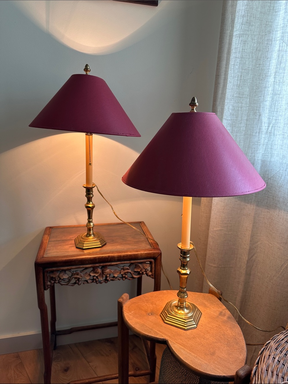 Pair of Vintage Baldwin Solid Brass Candlestick Lamps w/Mauve Silk & Gold Foil